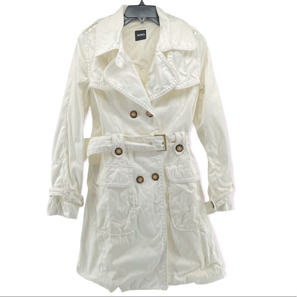 XOXO Women’s White Belted Lapel Casual Trench Coat Lightweight Jacket Small